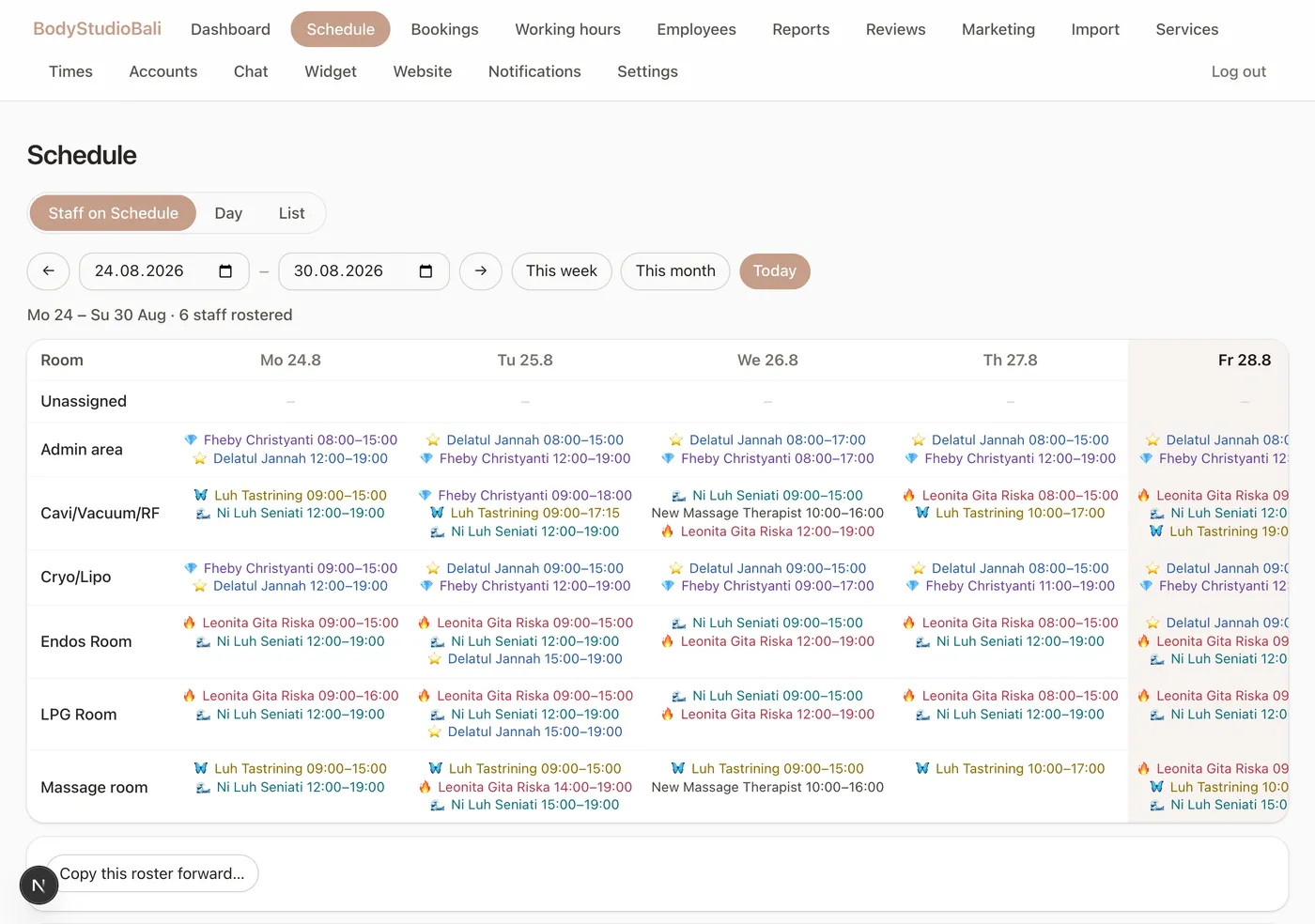 Portal calendar view by room, with the real salon roster