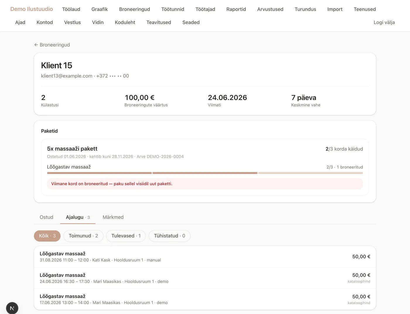 Client card in the portal: visit statistics, purchased package, and history