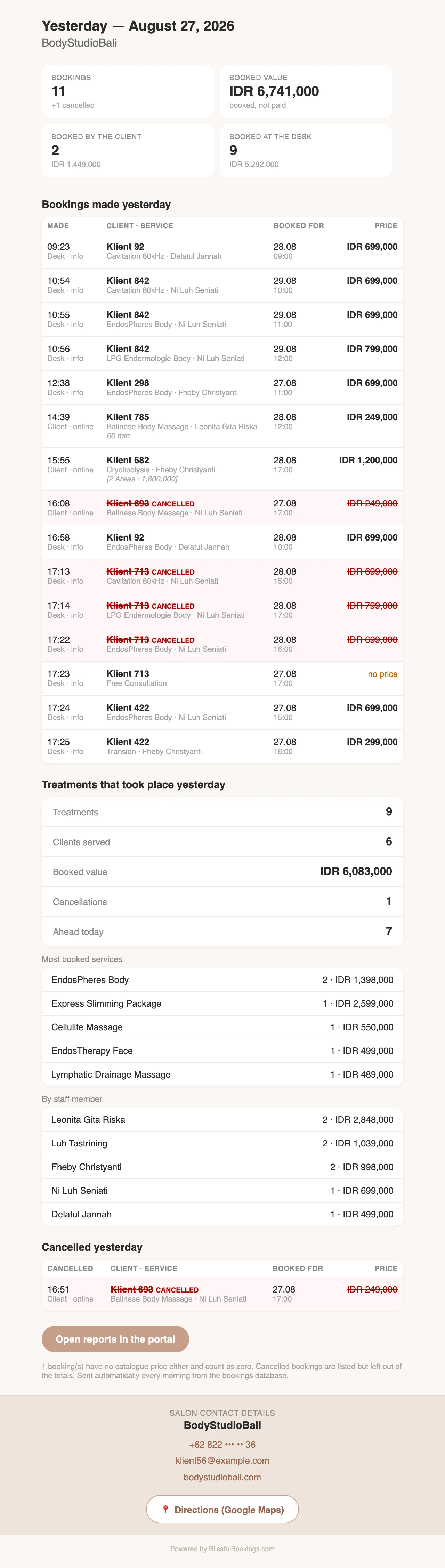 Daily summary email with bookings and revenue