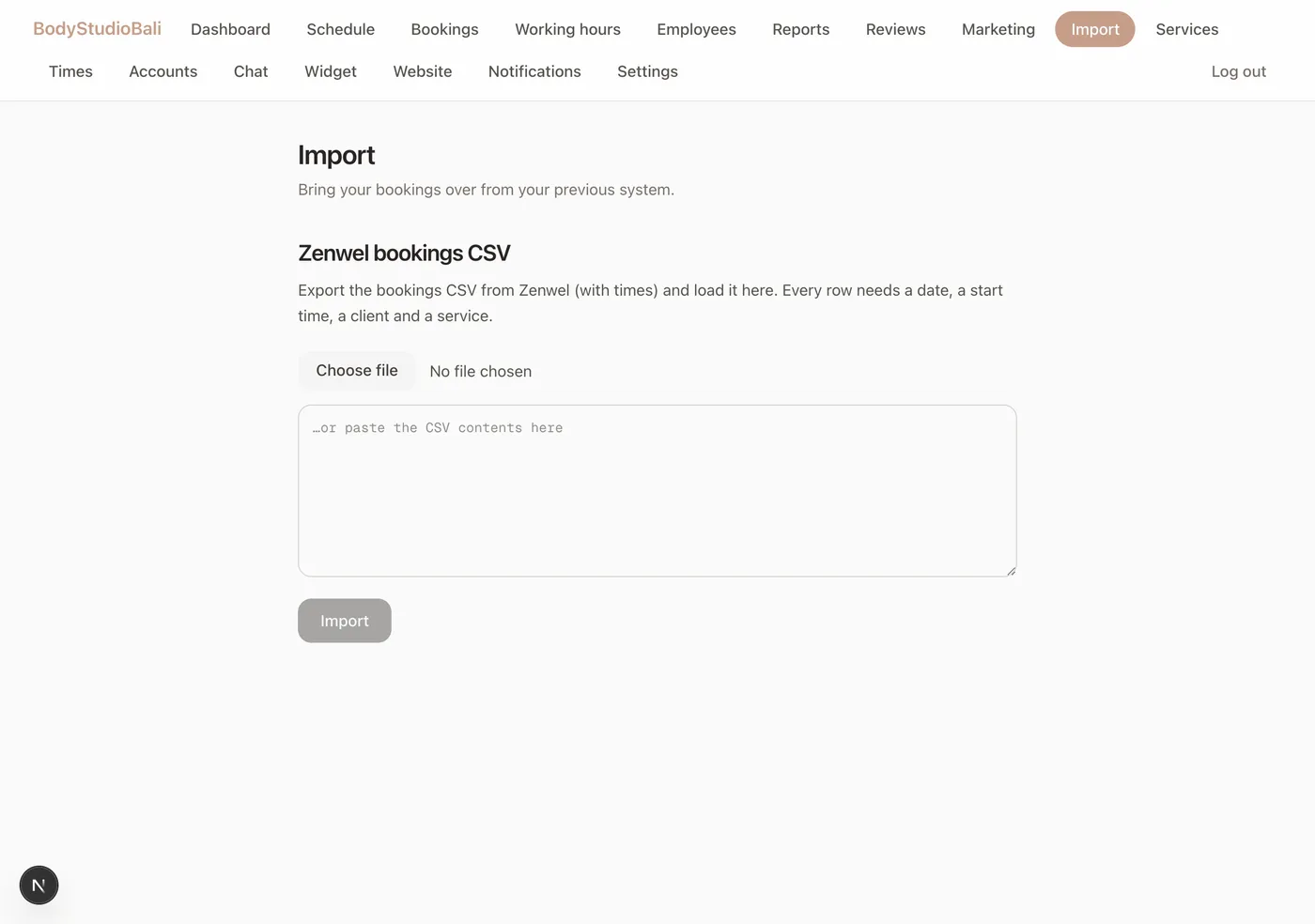 Booking import view in the portal