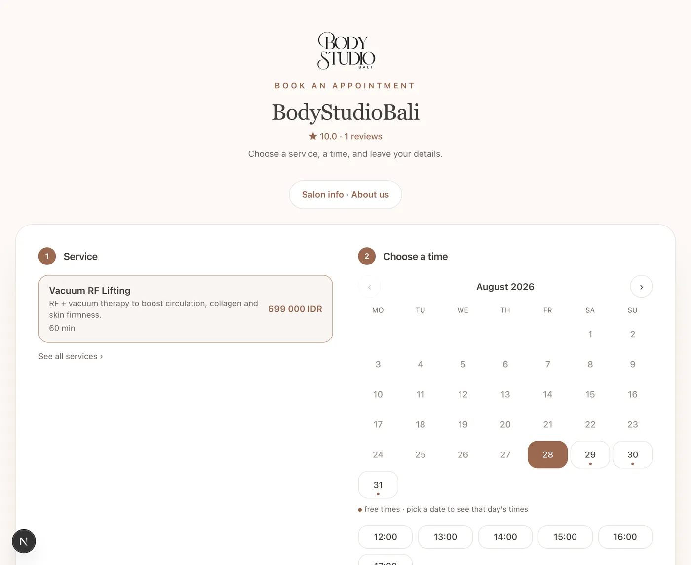 Single-service booking widget with monthly calendar and available time slots