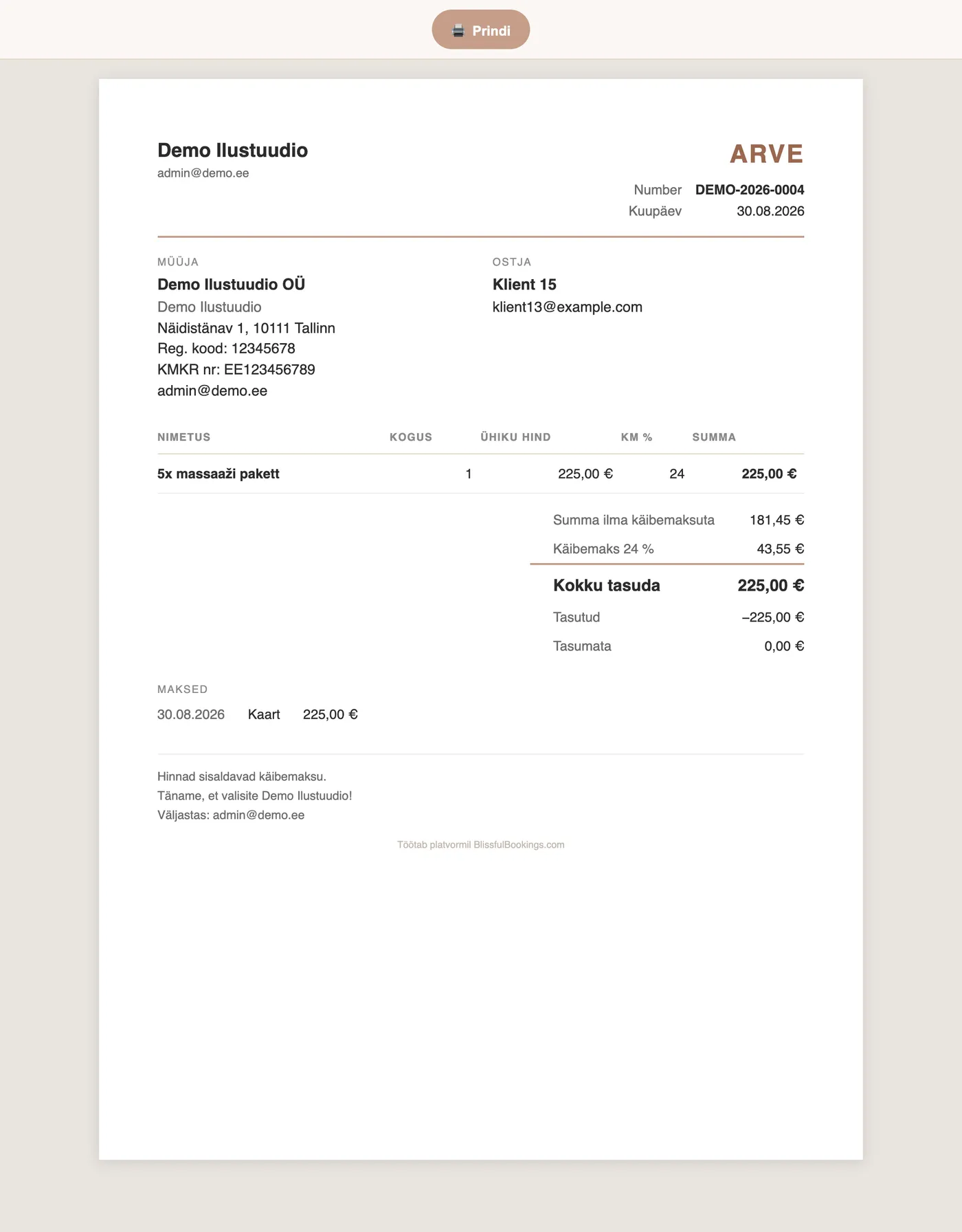 A4 invoice in print view with VAT and payment details